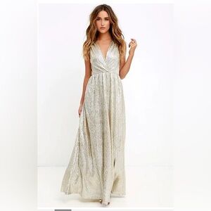 Lulus All That Shimmers Is Gold Light Gold Maxi Dress Size Large
